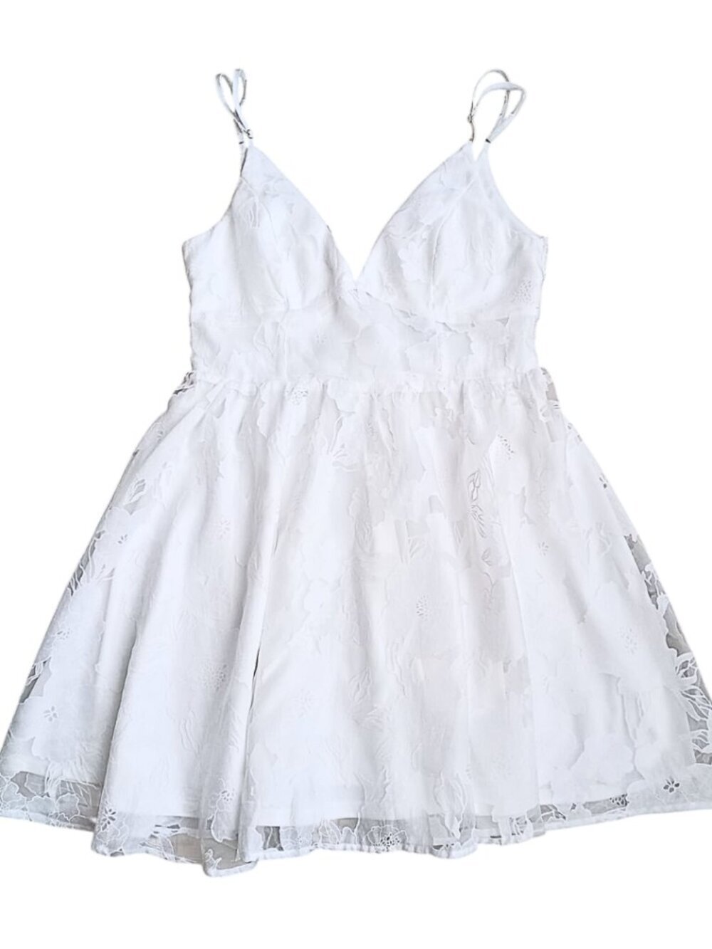 Lulus White Lace Fit & Flare Mini Dress - V-Neck, Spaghetti Straps, Size M
